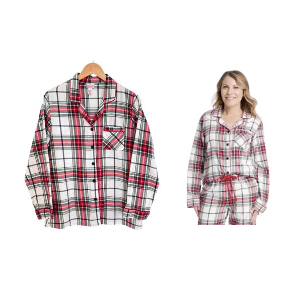 Wondershop Target Pajama Shirt Women Medium Flannel Plaid White Tartan Sleepwear - Picture 1 of 13
